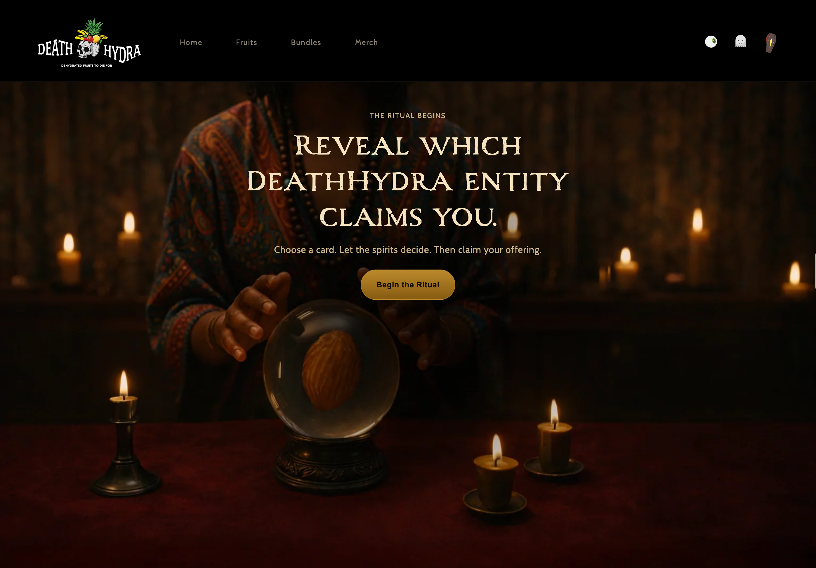 DeathHydra Reveal Your Fate experience inviting customers to begin an interactive product-discovery game.