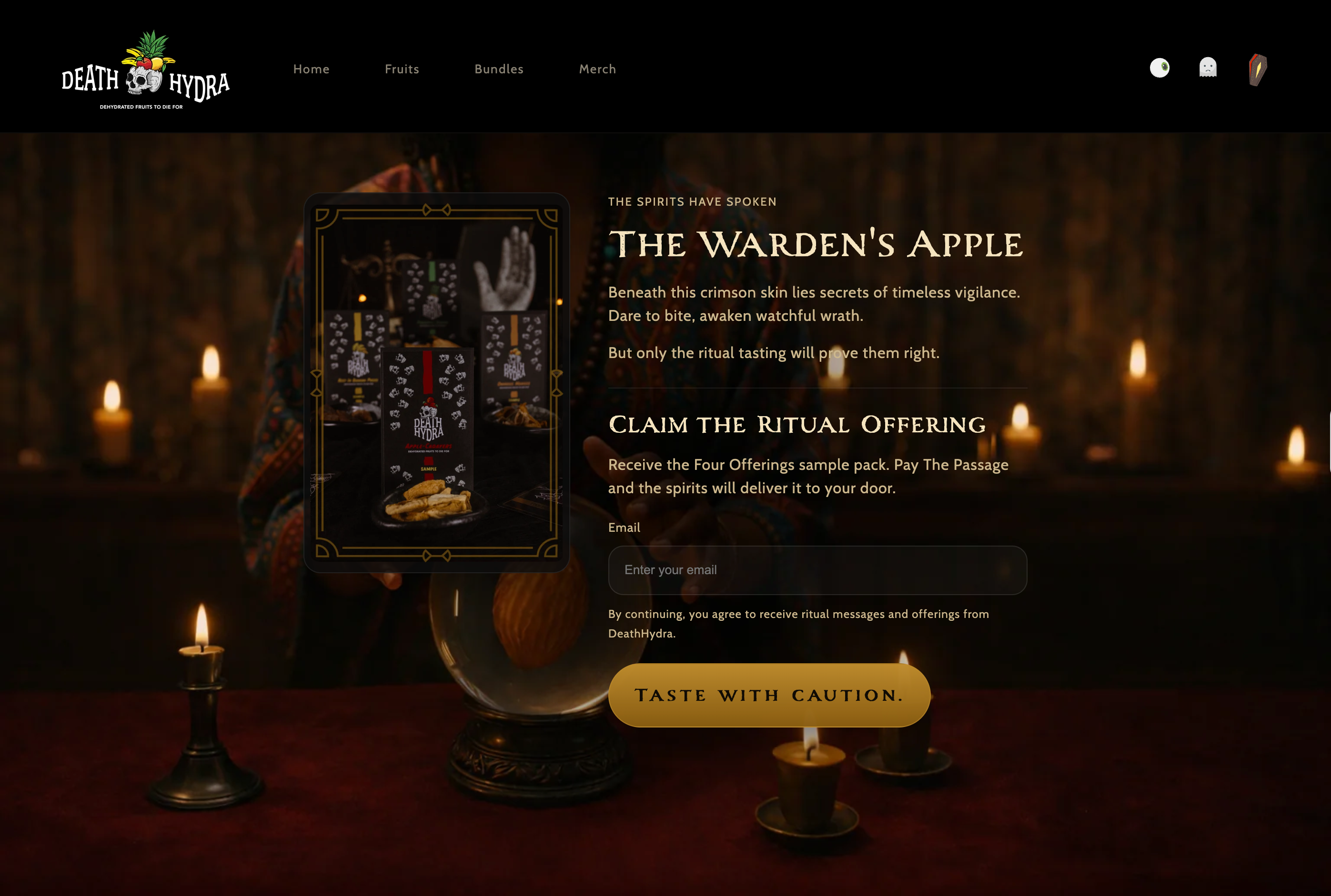 Desktop DeathHydra game result connecting a generated character reveal with product storytelling and an email conversion action.