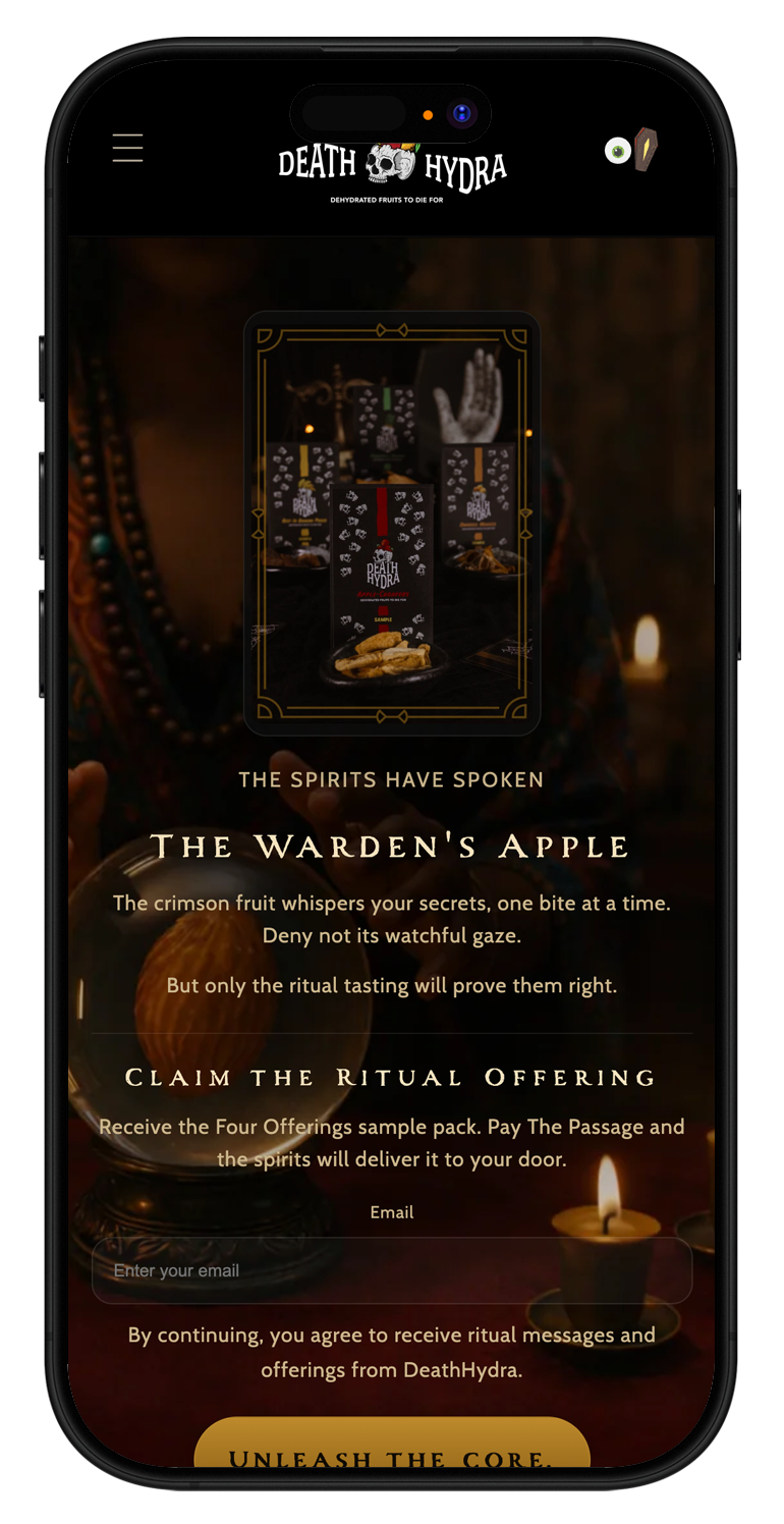 Mobile DeathHydra game result revealing The Warden's Apple and guiding the customer toward the related offering.