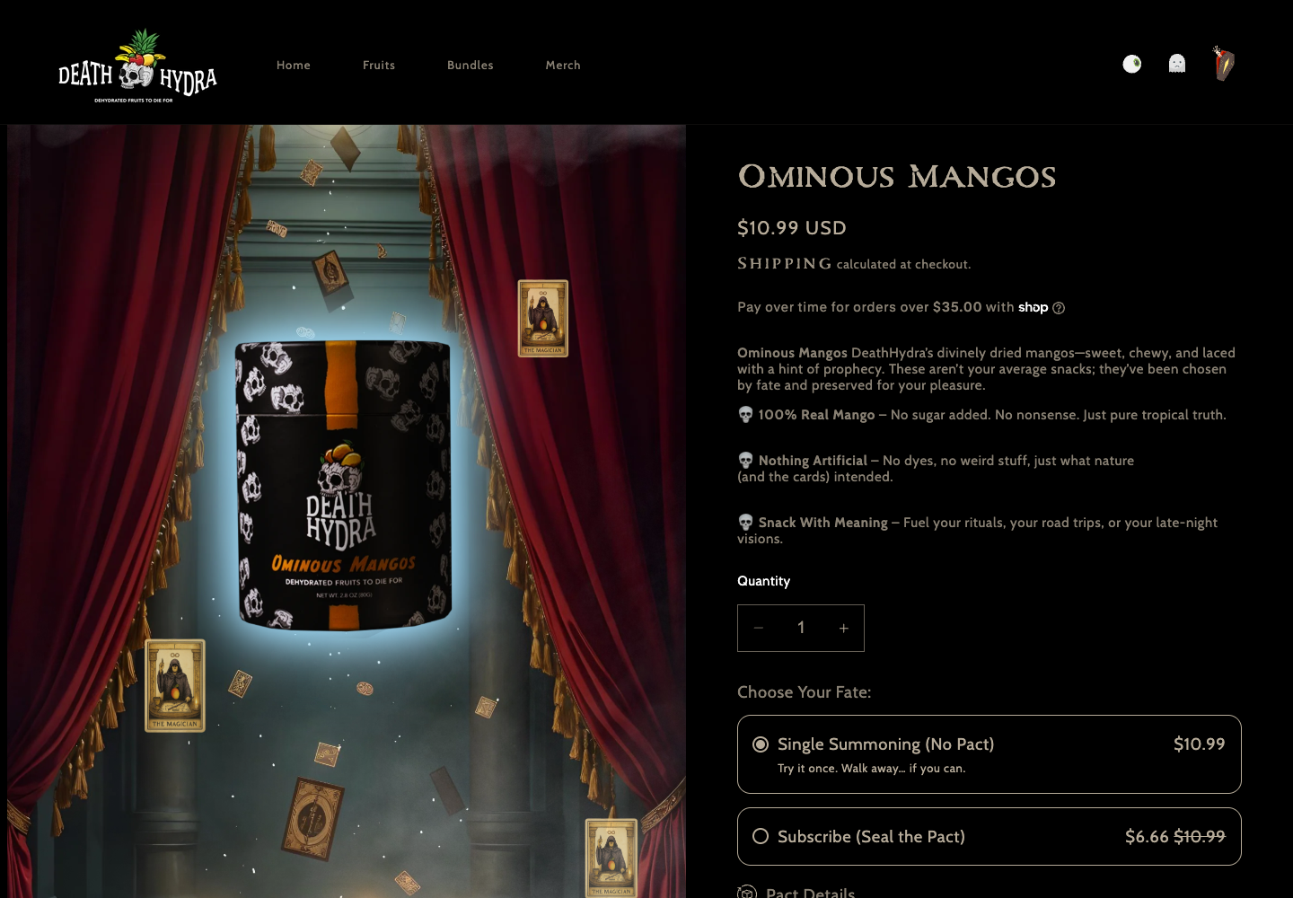 DeathHydra Ominous Mangos product page combining directed product photography with pricing, product education, and subscription choices.