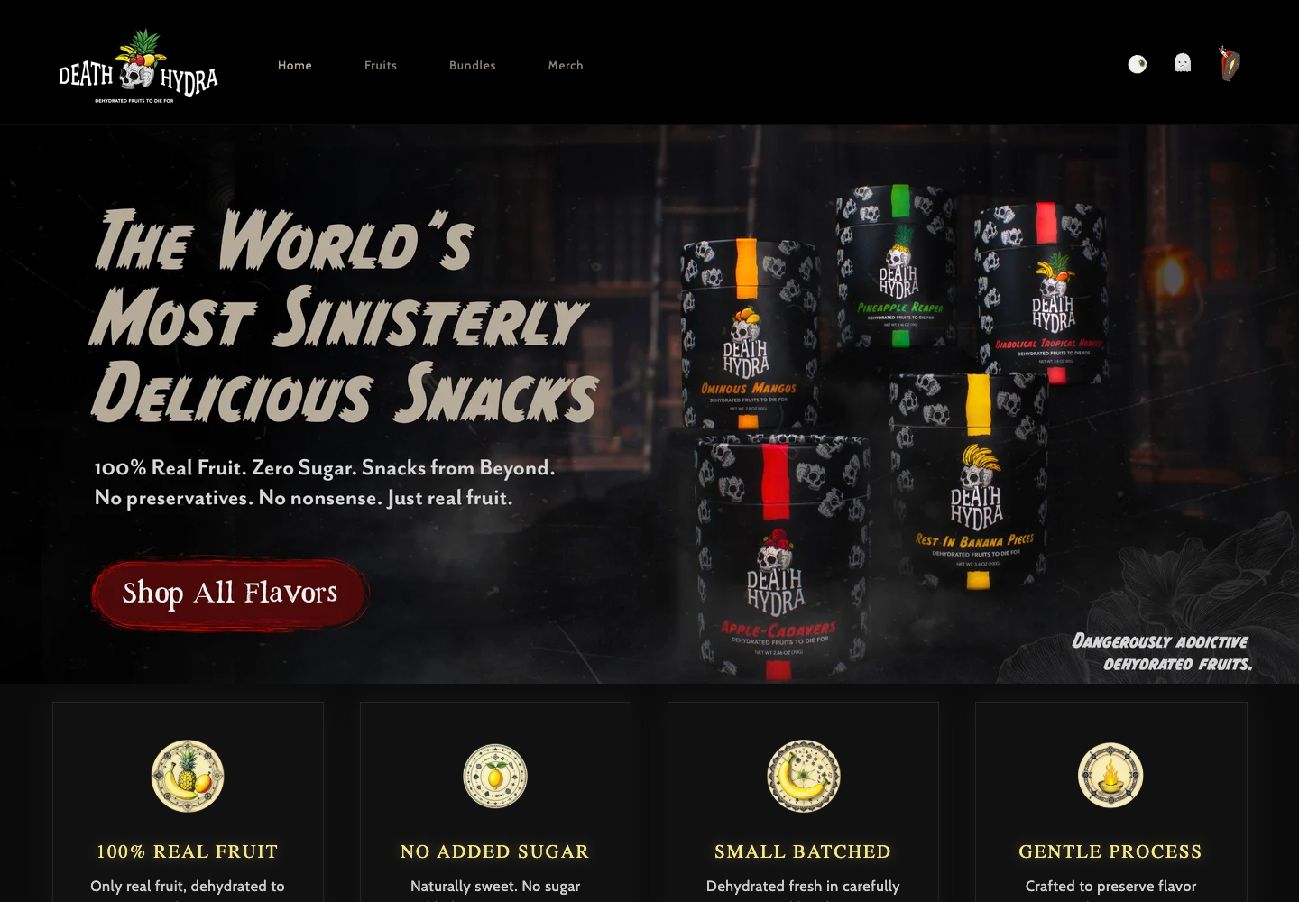 DeathHydra Shopify storefront featuring the Tropical Witches Pack campaign and product-value cards.