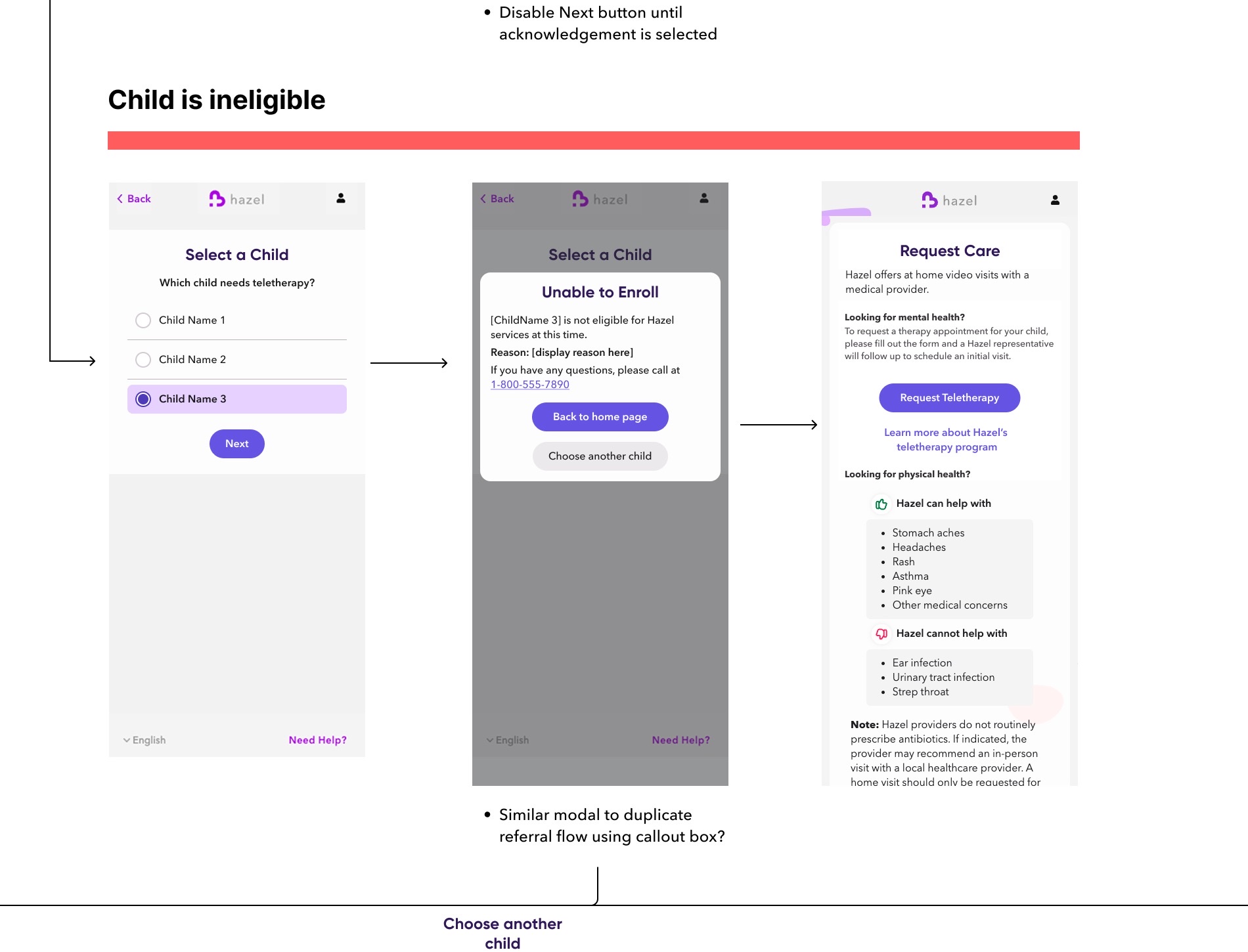 Exception path showing an ineligible child, the unable-to-enroll message, and a return to the care request experience.