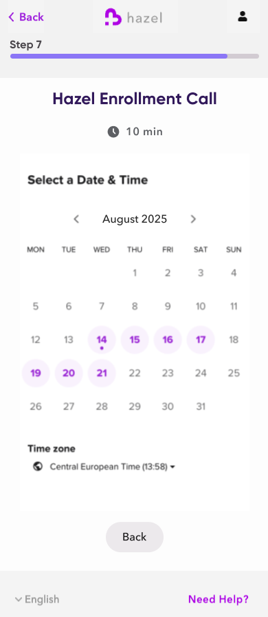 Enrollment call calendar showing available appointment dates and times.