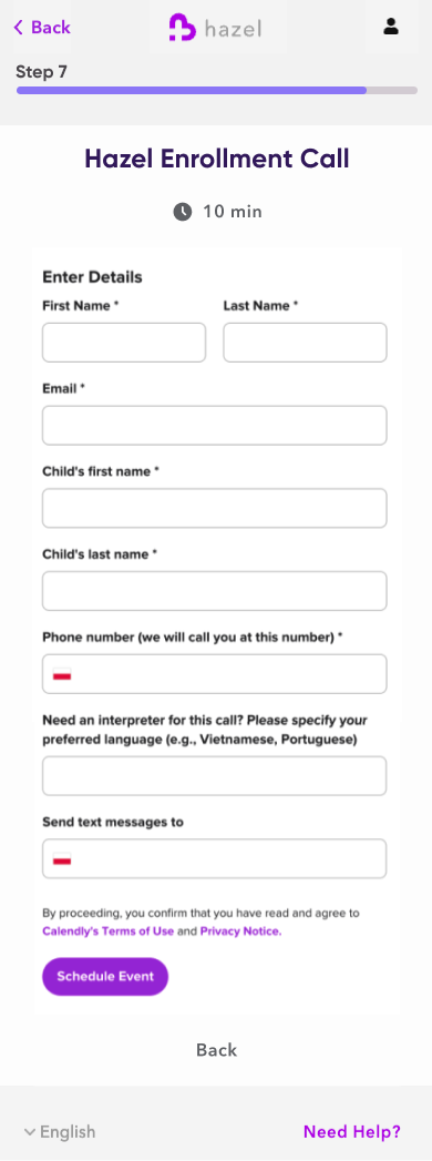 Enrollment call details form collecting family contact and communication information.