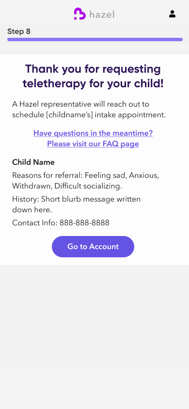 Referral confirmation explaining that Hazel will contact the family and summarizing the submitted request.