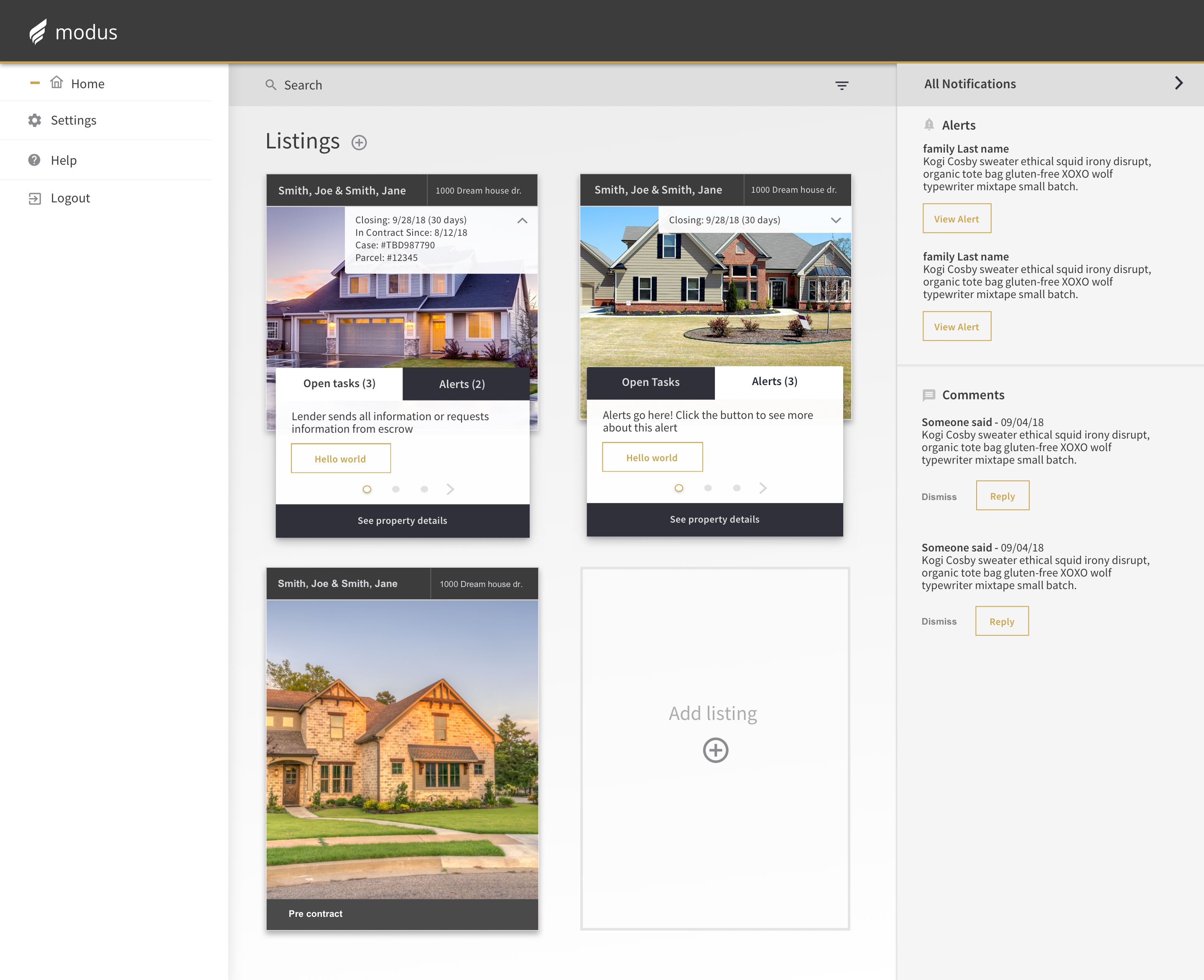 Early Modus desktop property overview with transaction status, alerts, comments, and tasks.