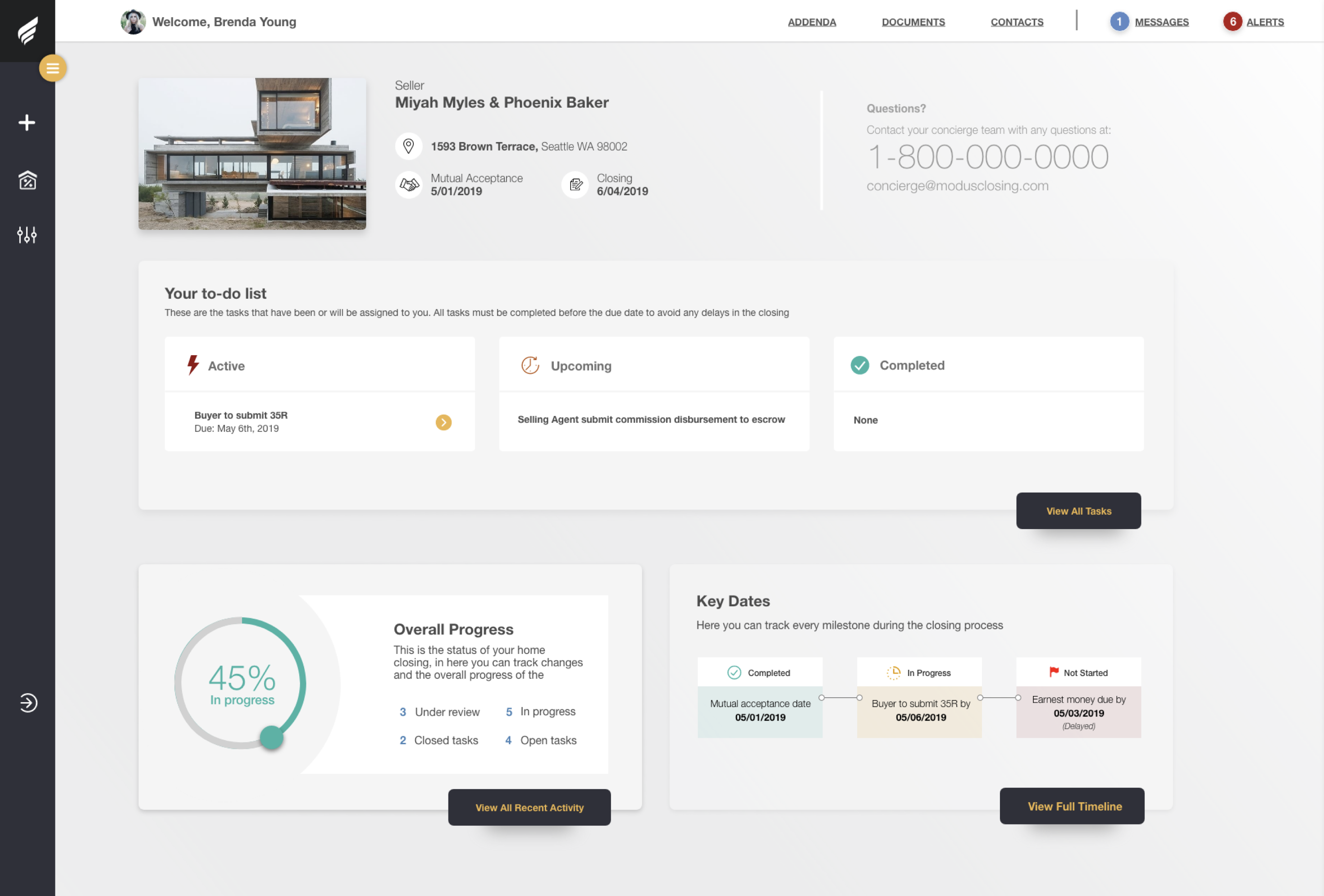 Modus V2 buyer and agent dashboard showing tasks, overall progress, and key closing dates.