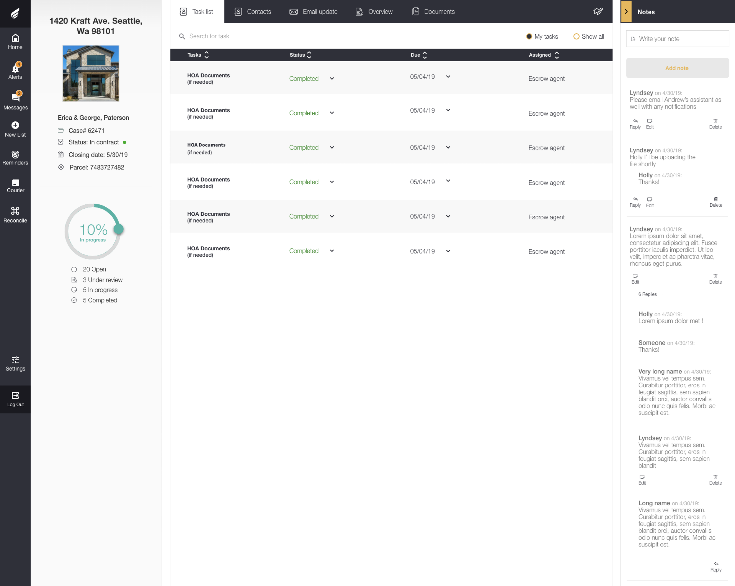 Modus V2 internal transaction workspace with tasks, progress, property details, and team notes.