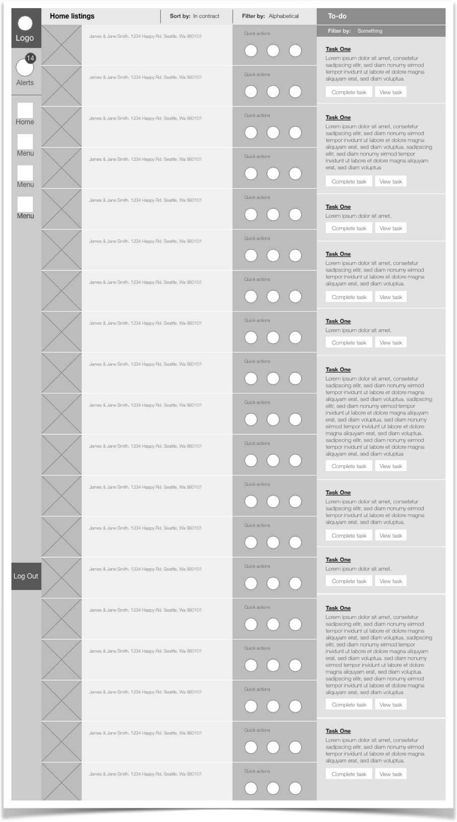 Early Modus V2 wireframe exploring an internal listings queue with quick actions and a persistent to-do panel.