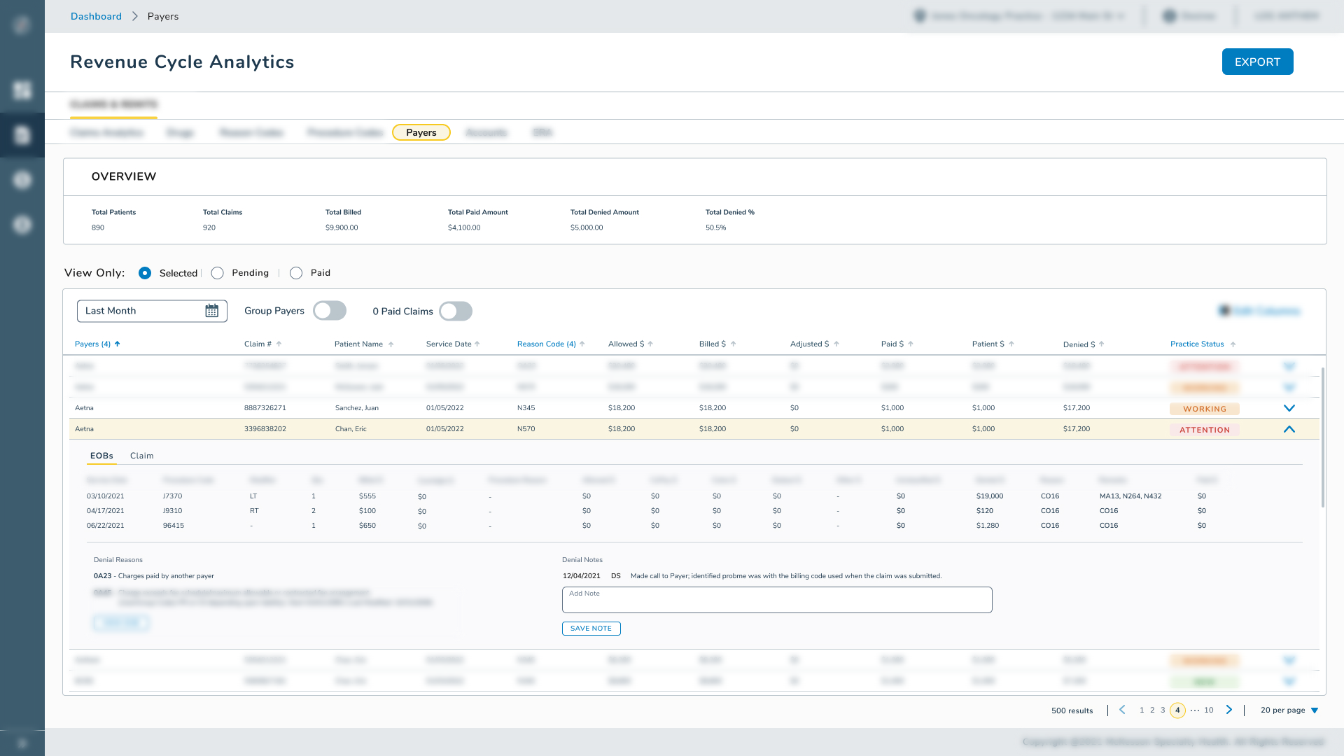 Blurred expanded claim view with EOB details, denial reasons, and notes