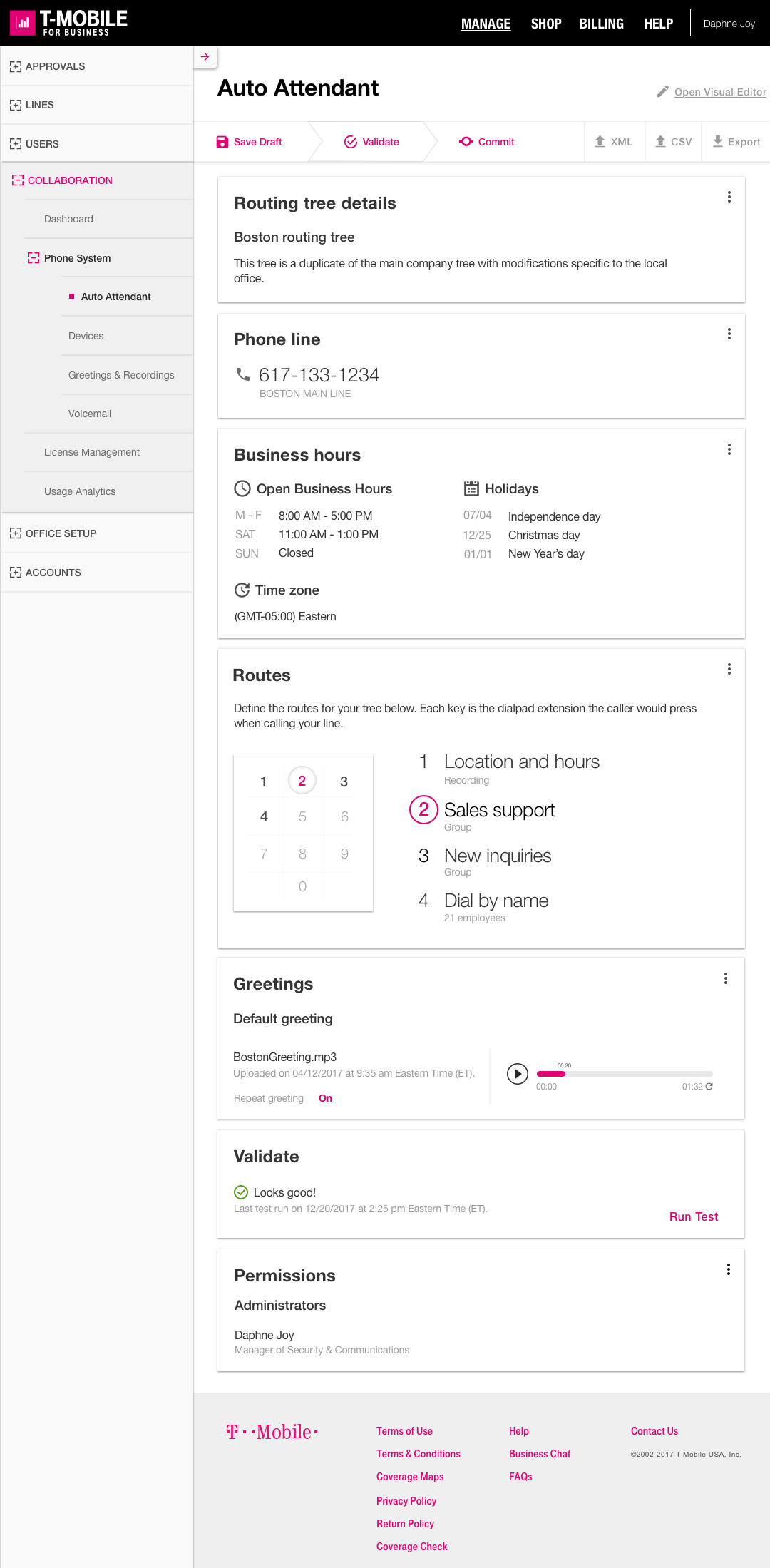 T-Mobile auto-attendant workflow for business hours, routes, greetings, and validation.