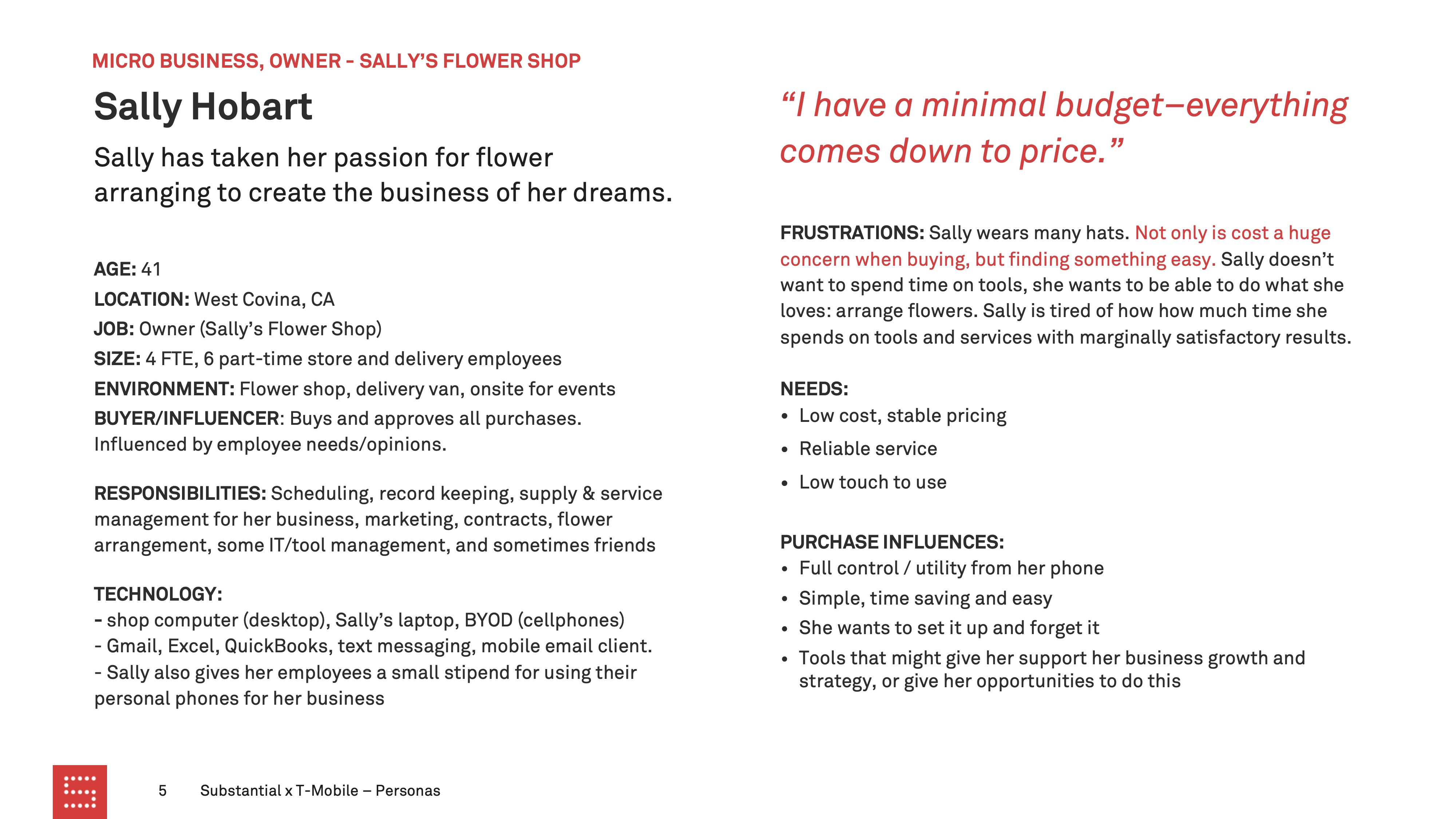 T-Mobile research persona for Sally Hobart, a flower shop owner balancing cost, reliability, daily operations, and simple phone-based tools.